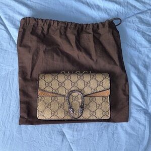 Gucci Beige Brown GG Supreme Crossbody Bag with Dionysus Buckle